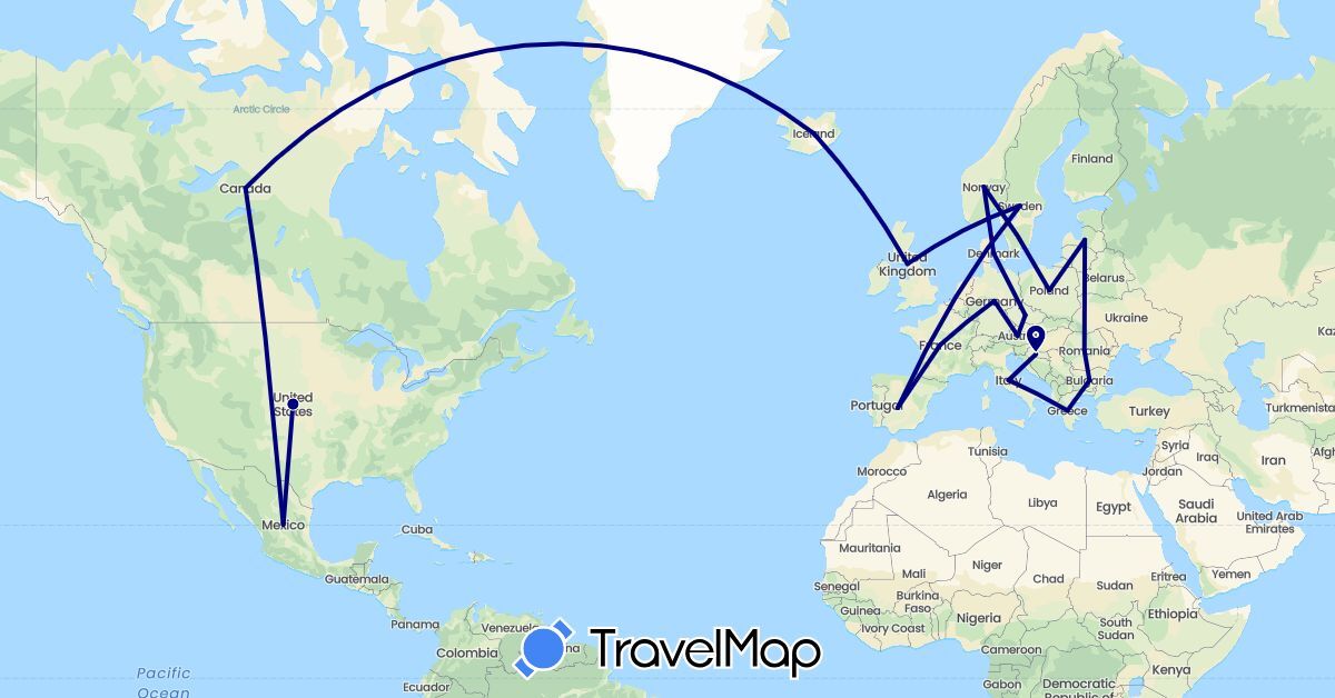 TravelMap itinerary: driving in Austria, Bulgaria, Czech Republic, Germany, Denmark, Spain, France, United Kingdom, Greece, Croatia, Iceland, Italy, Latvia, Norway, Poland, Romania, Sweden (Europe)